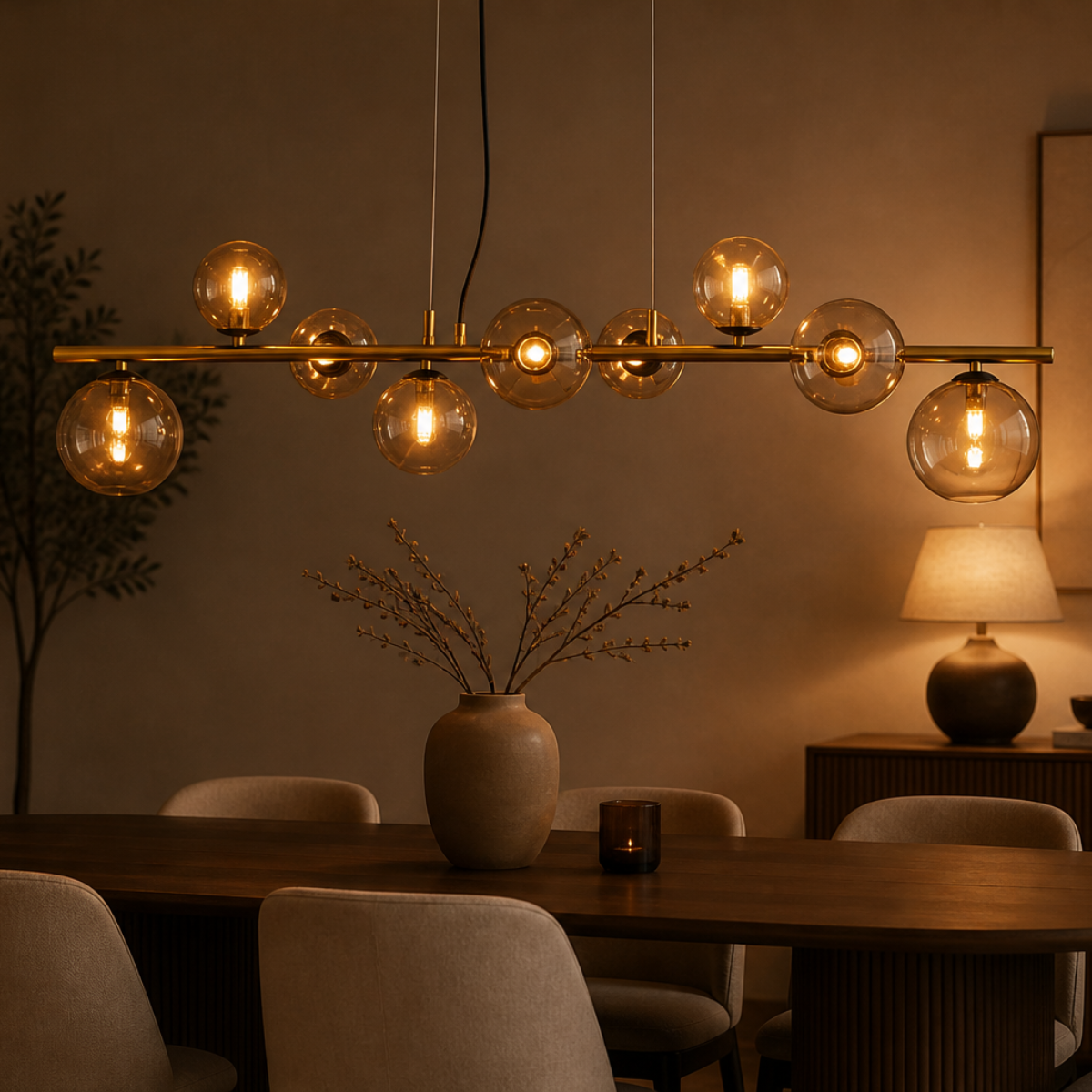 Gouden hanglamp met amber glazen bollen – 9-lichts hanglamp met lange plafondplaat