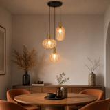 Hanglamp Zwart met Messing en Amber Glas – 3-Lichts - Liva