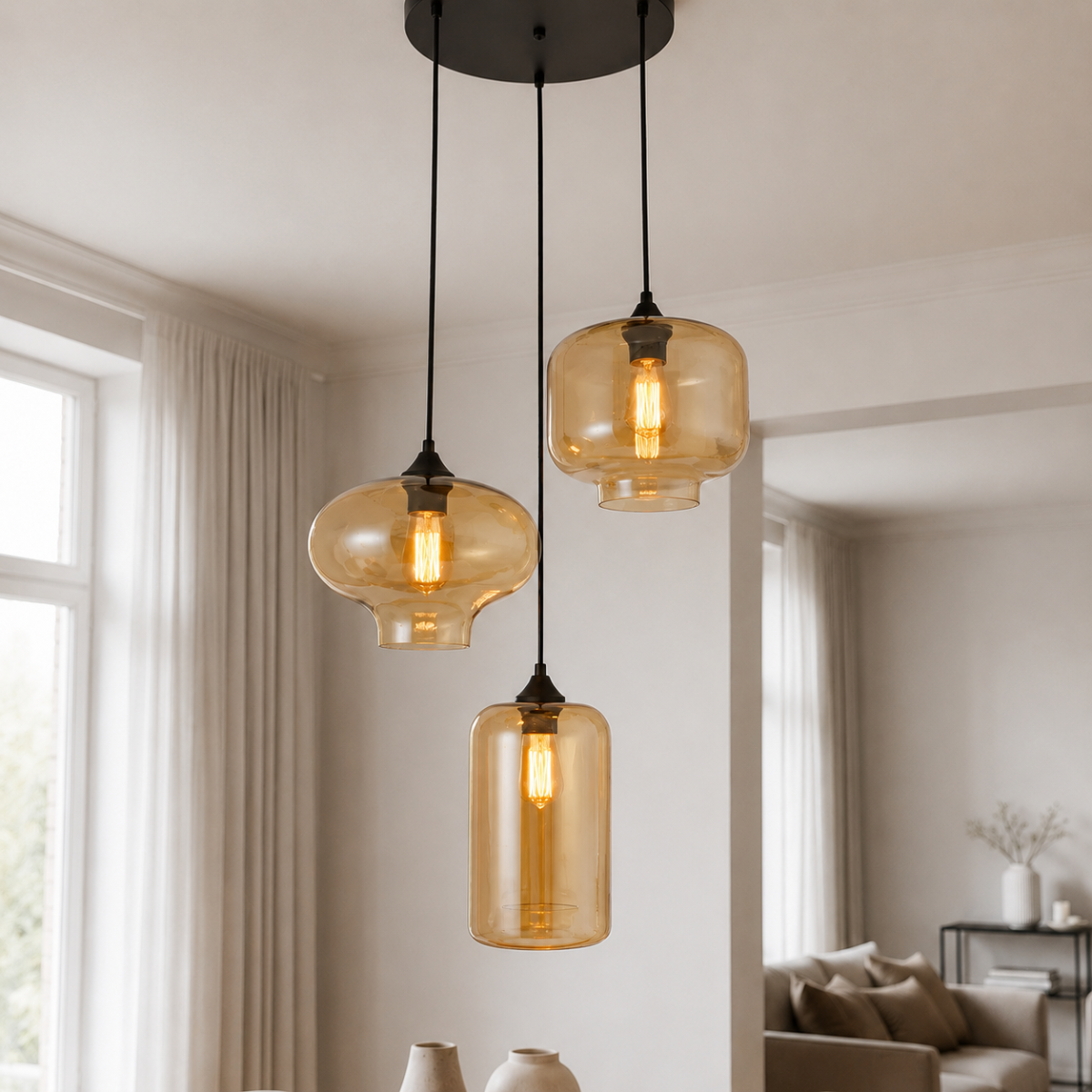 Hanglamp 3-Lichts Amber Industrieel Zwart