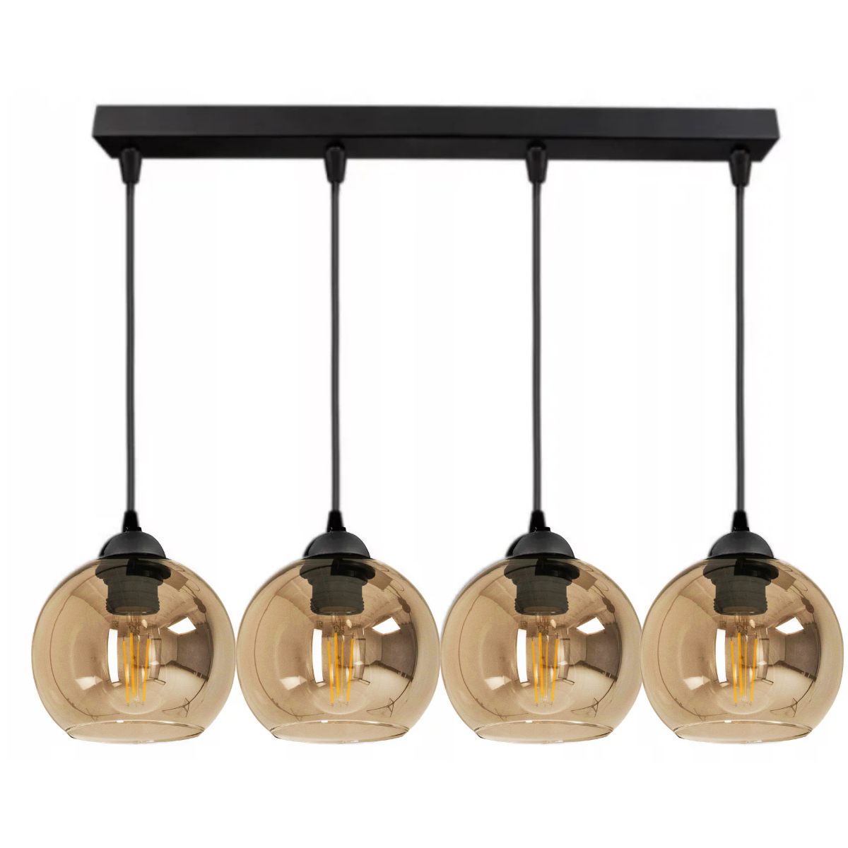 Hanglamp Industrieel 4-Lamps Rechte Montageplaat Amber Bol Zwart Woonkamer