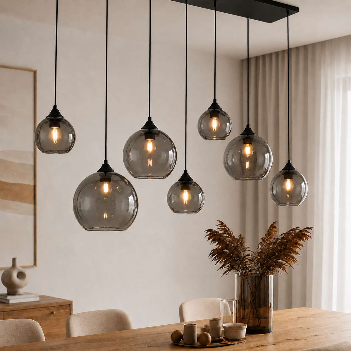 Hanglamp zwart met smoke glas ovaal 8-lichts