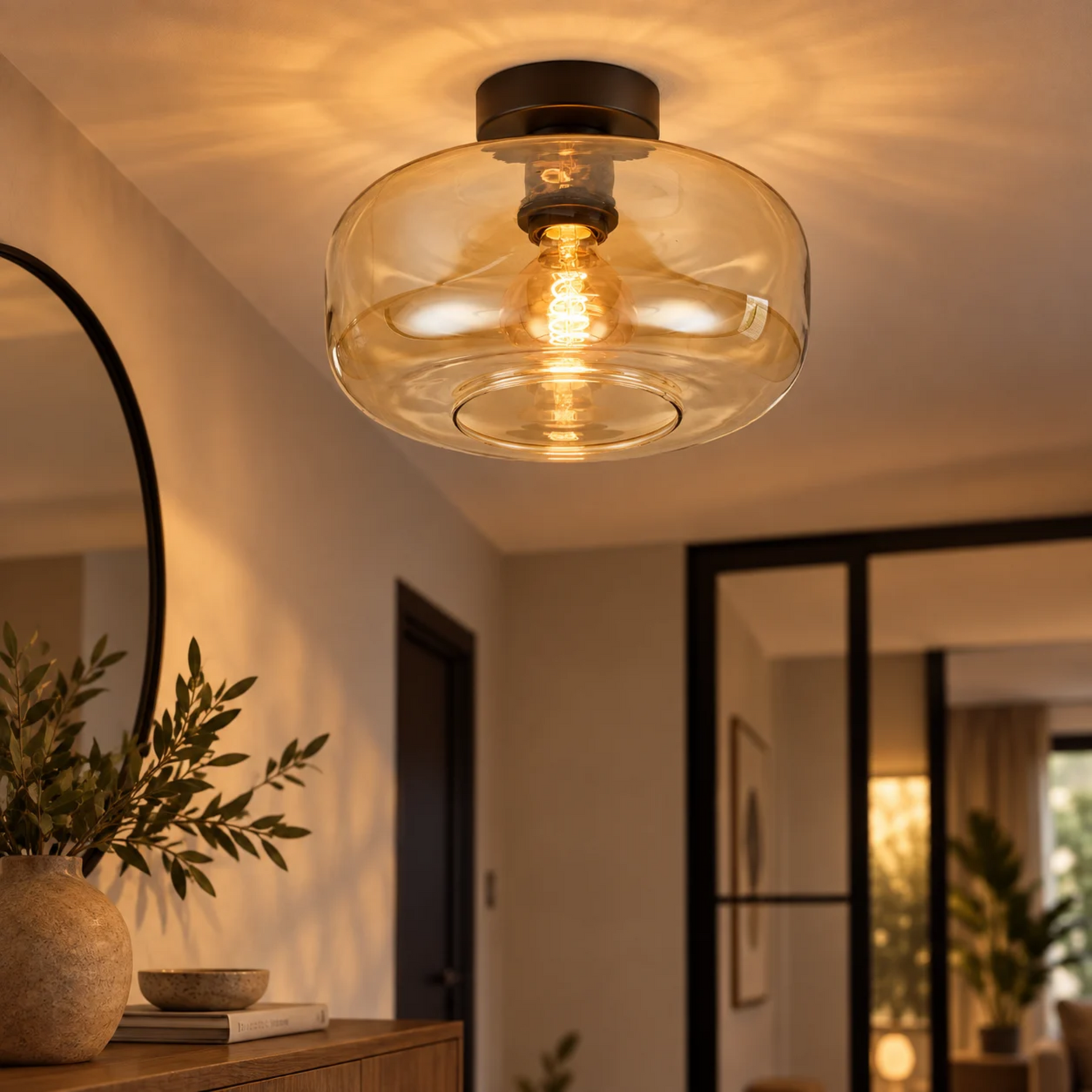 Plafondlamp Amber Glas – Modern Design met Zwarte Fitting