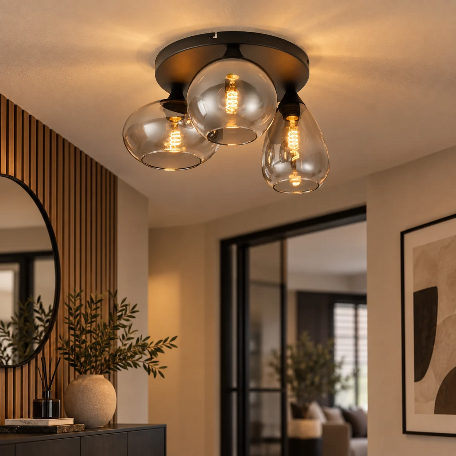 Plafondlamp Smokeglas 3-Lichts – Zwart met E27 Fittingen