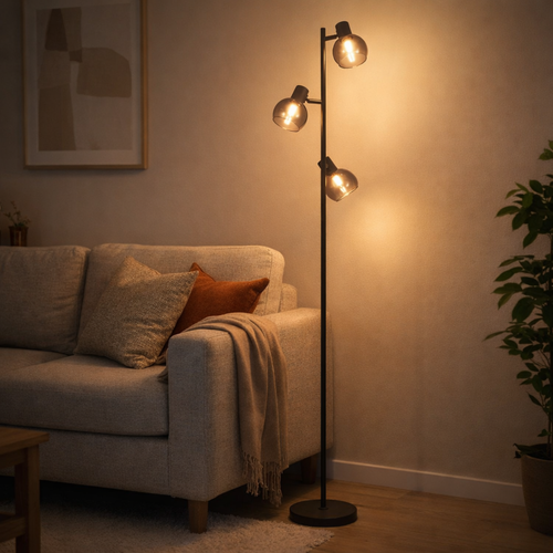 Vloerlamp Fleur- Zwart met Smoke glas- 3 lichts