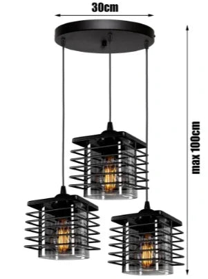 Zwarte hanglamp met 3 glazen kappen industrieel ontwerp