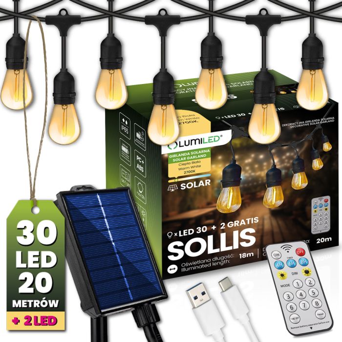 Solar Tuinverlichting Slinger – 30x LED – 20m – Warm Wit 2700K – IP65 – Met Afstandsbediening