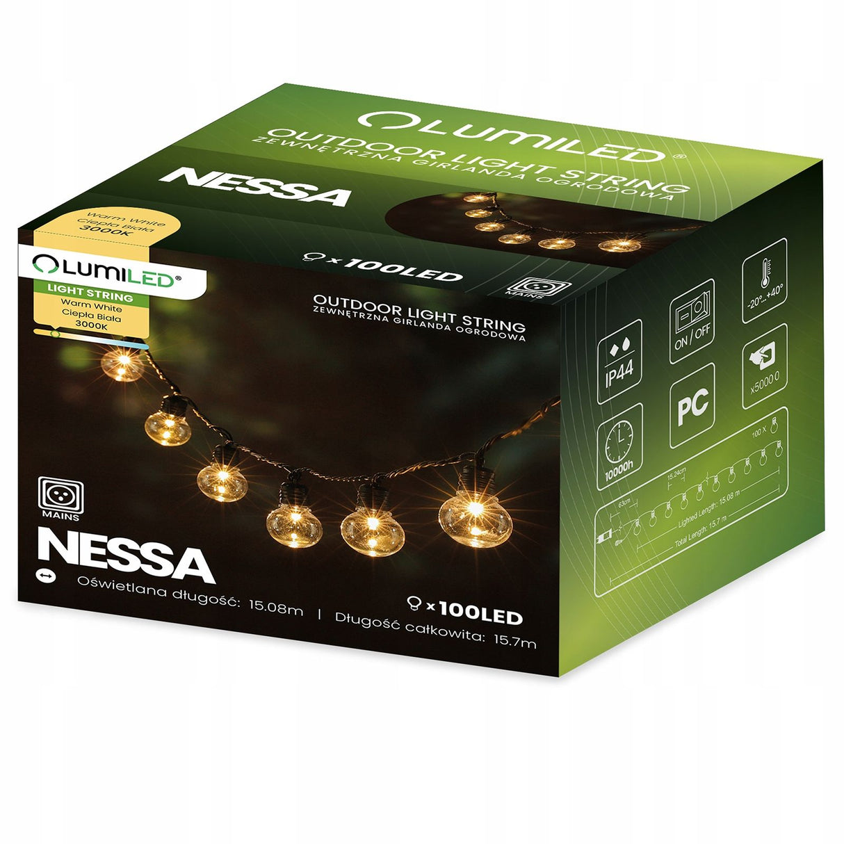 Tuin LED Lichtsnoer 16m – 100x Warm Wit (3000K)