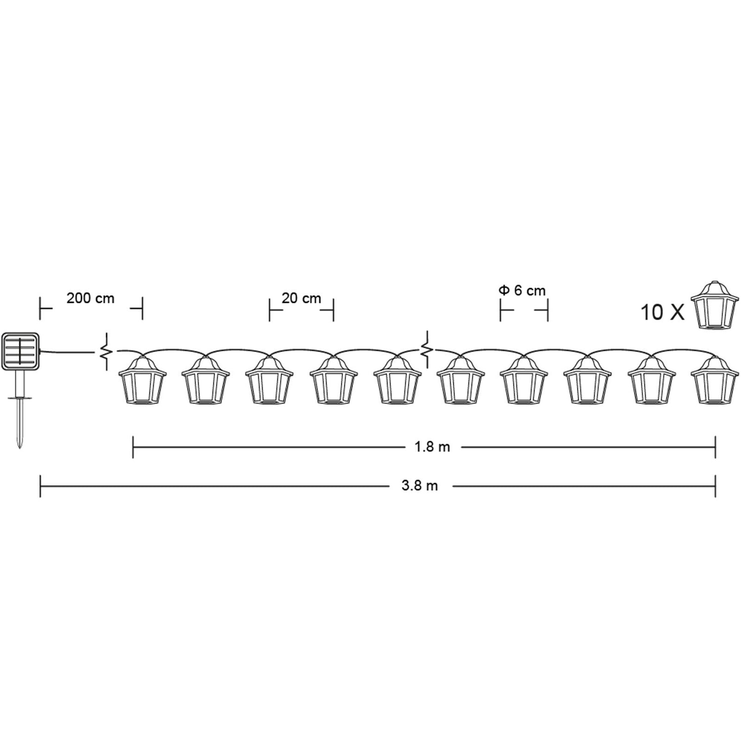 10x LED Lantaarns – 3,8m – Warm Wit 3000K – Decoratief & Weerbestendig