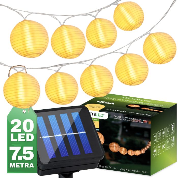 Solar Tuinslinger – 20x LED Lantaarns – 7,59m – Warm Wit 3000K