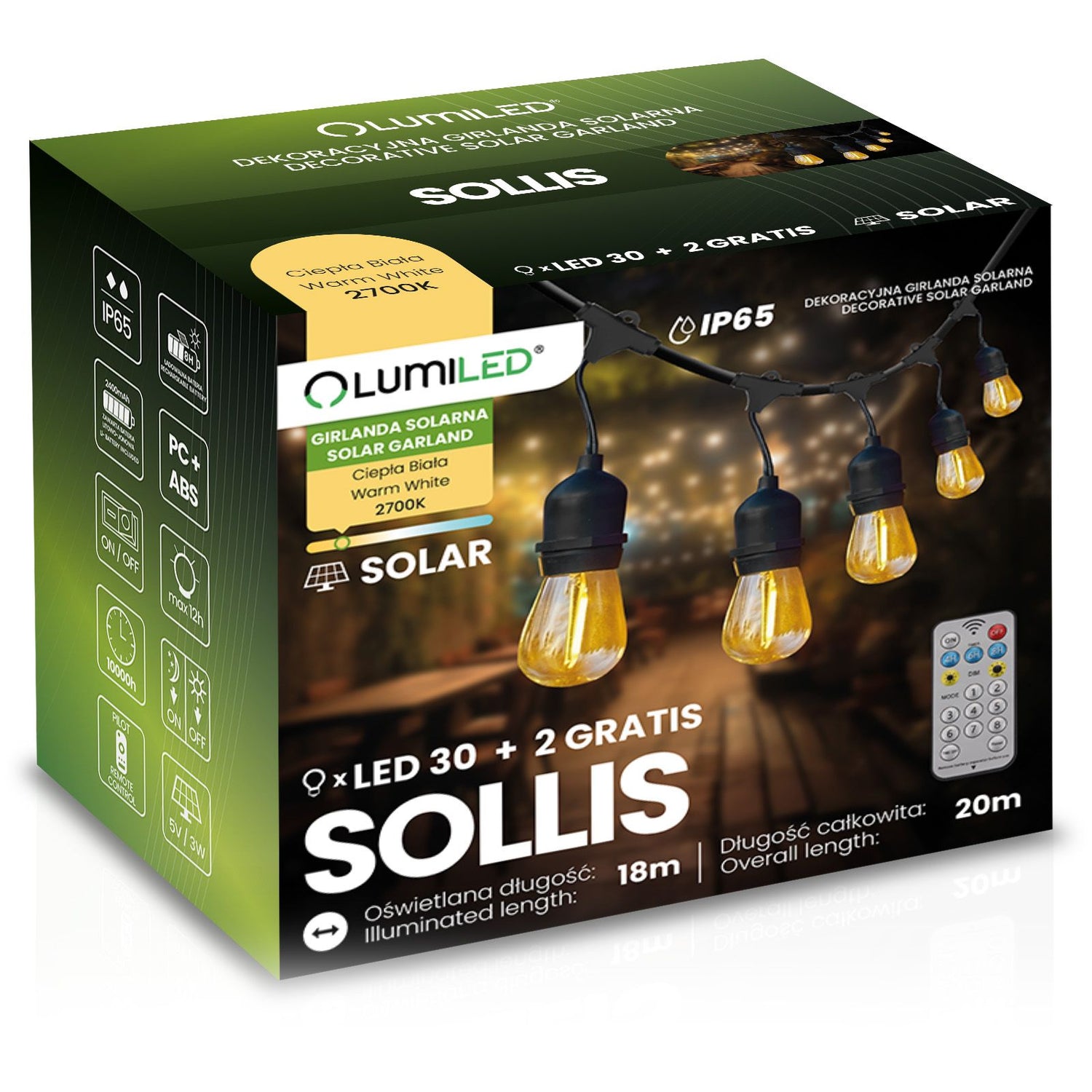 Solar Tuinverlichting Slinger – 30x LED – 20m – Warm Wit 2700K – IP65 – Met Afstandsbediening