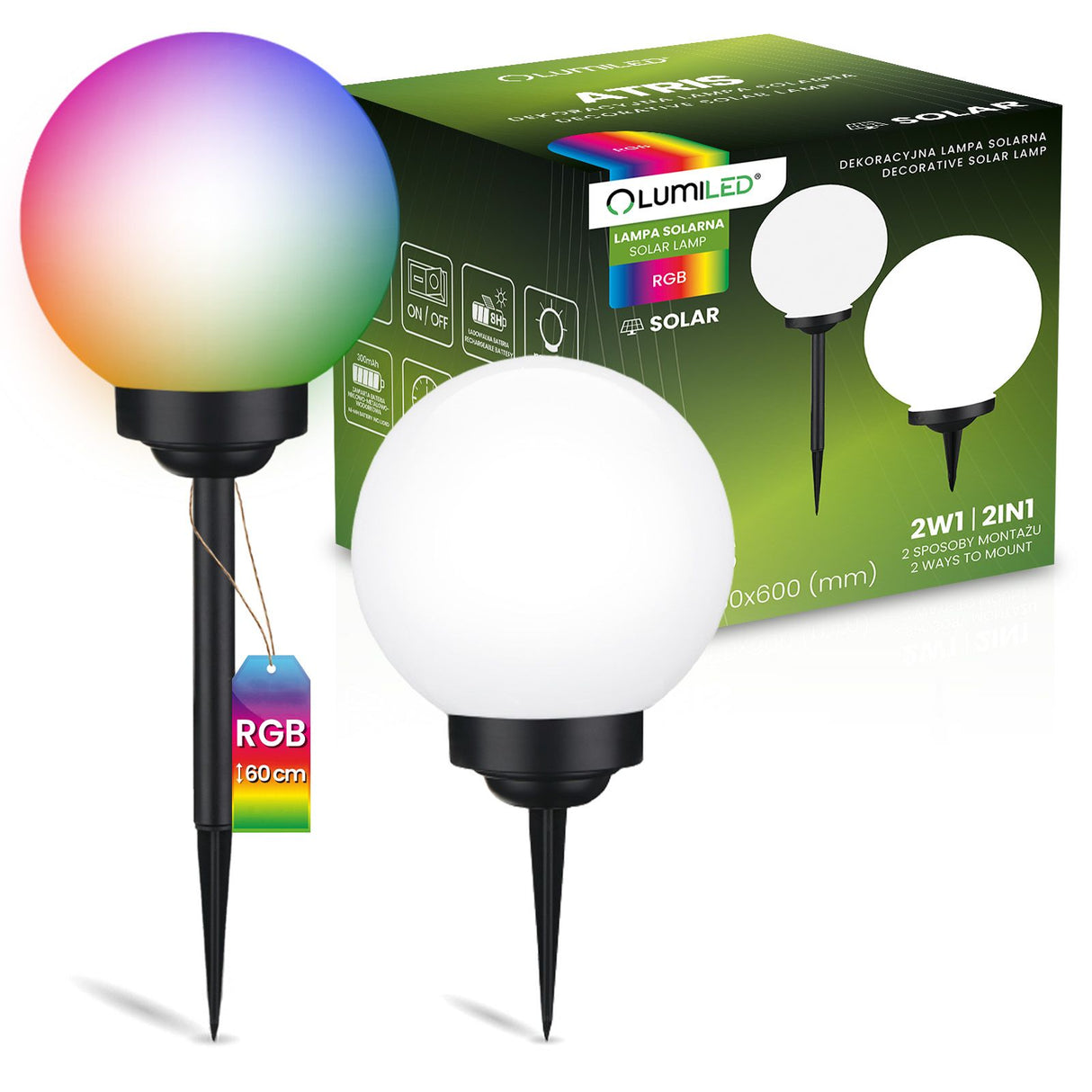 Solar LED Tuinlamp – Witte Bol 25 cm – Grondmontage - Gekleurd