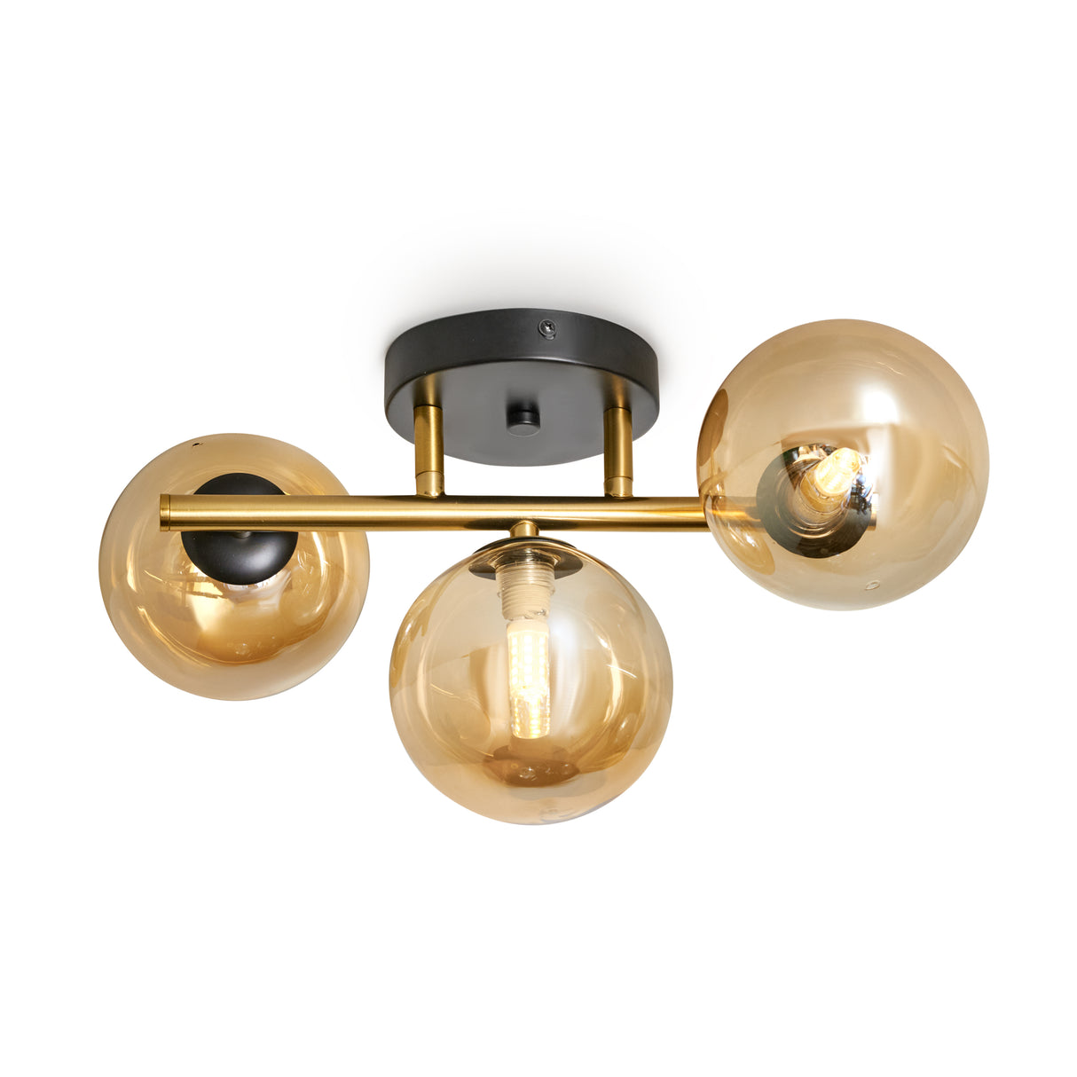 Plafondlamp Goud met 3 Amber Glasbollen