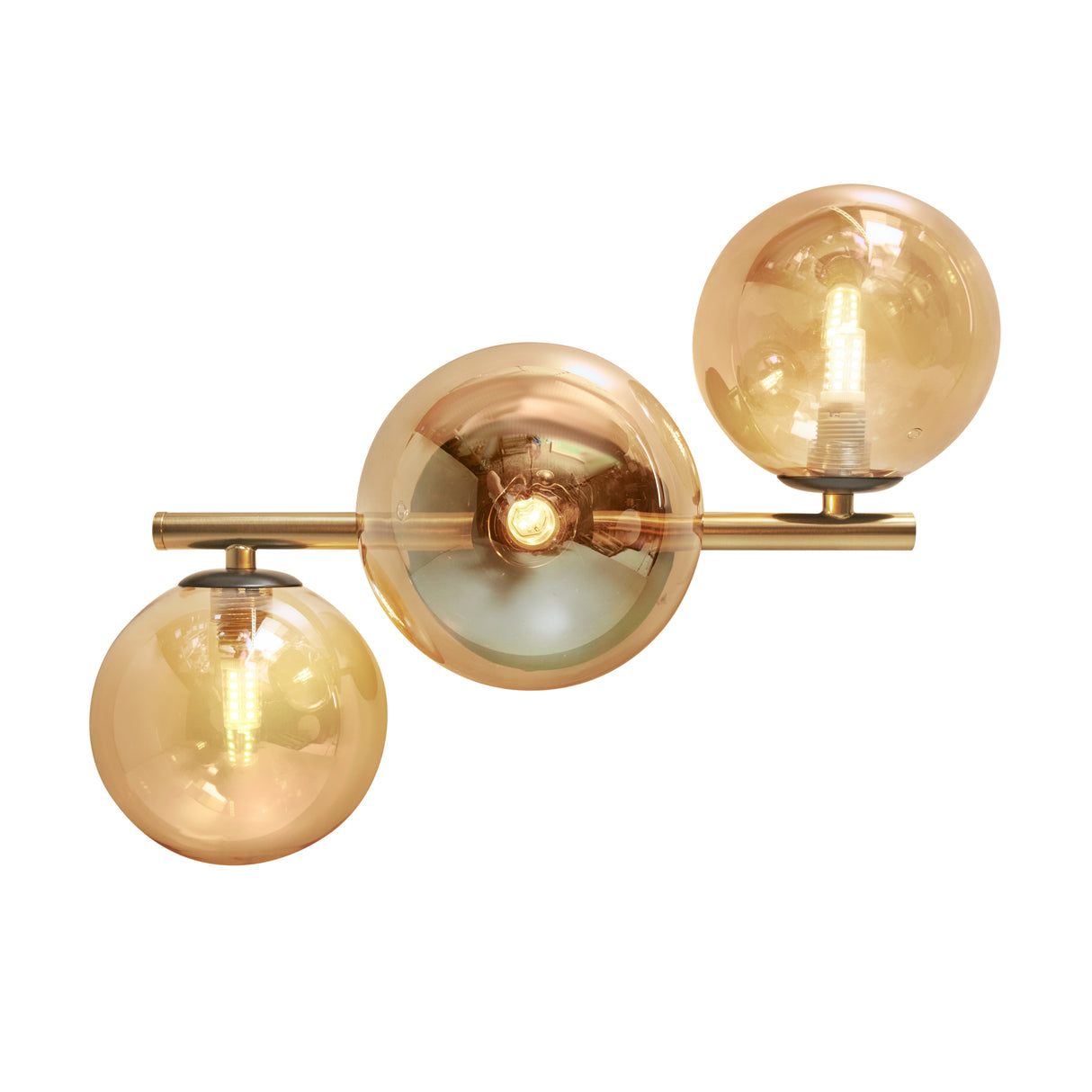 Plafondlamp Goud met 3 Amber Glasbollen