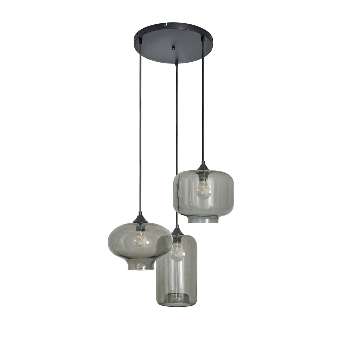 Hanglamp 3-Lichts Mix Rookglas Industrieel Woonkamer Eetkamer Smoke Zwart