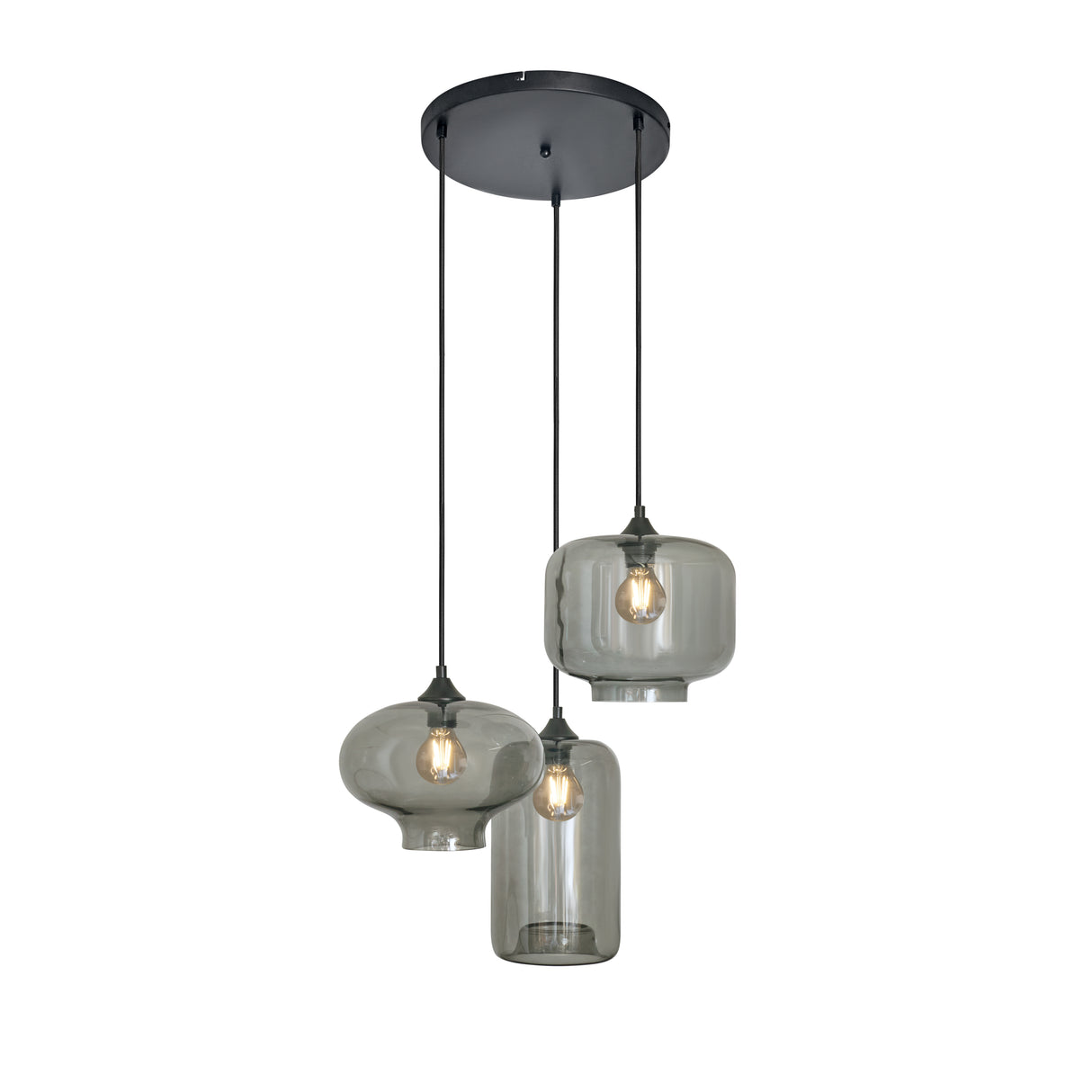 Hanglamp 3-Lichts Mix Rookglas Industrieel Woonkamer Eetkamer Smoke Zwart