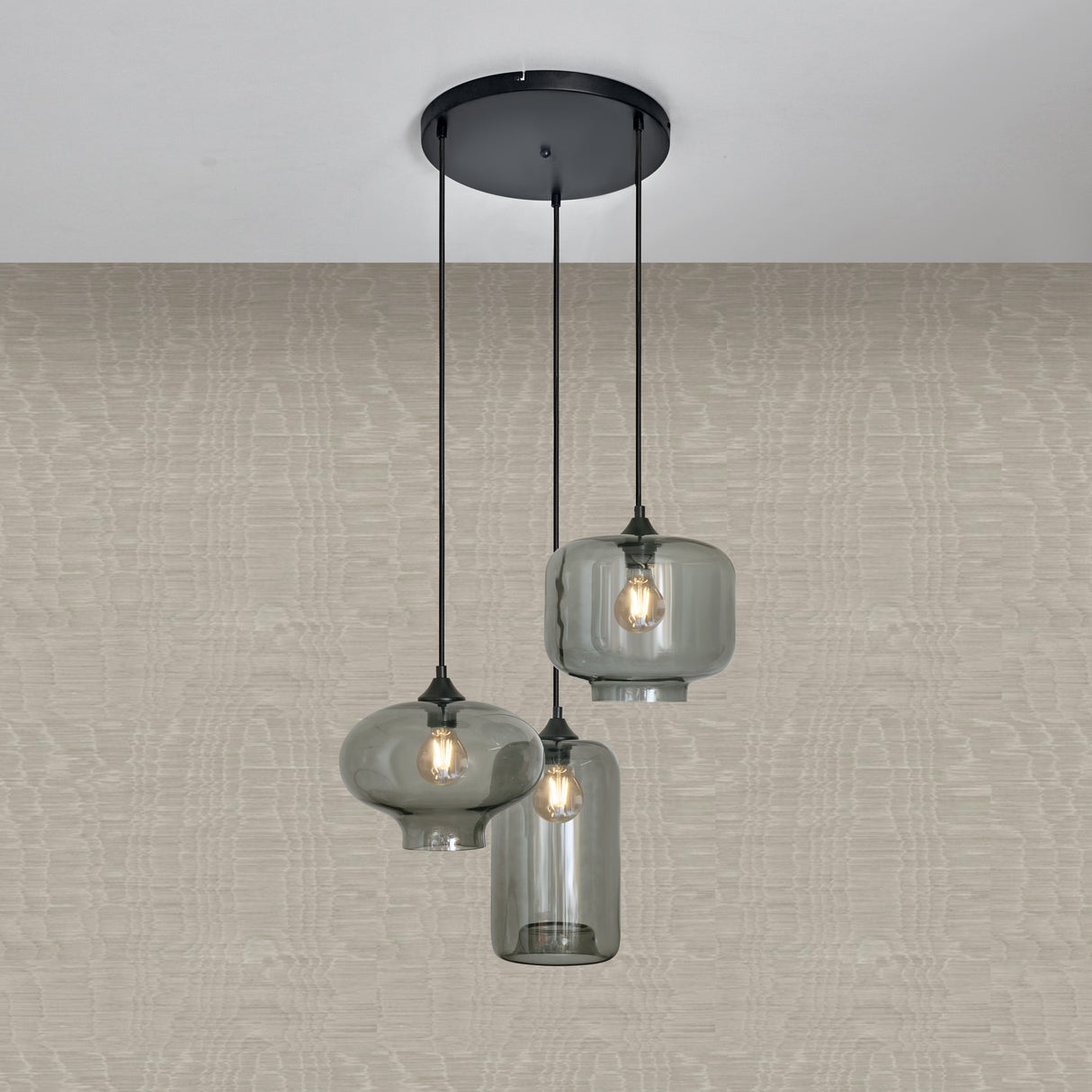 Hanglamp 3-Lichts Mix Rookglas Industrieel Woonkamer Eetkamer Smoke Zwart