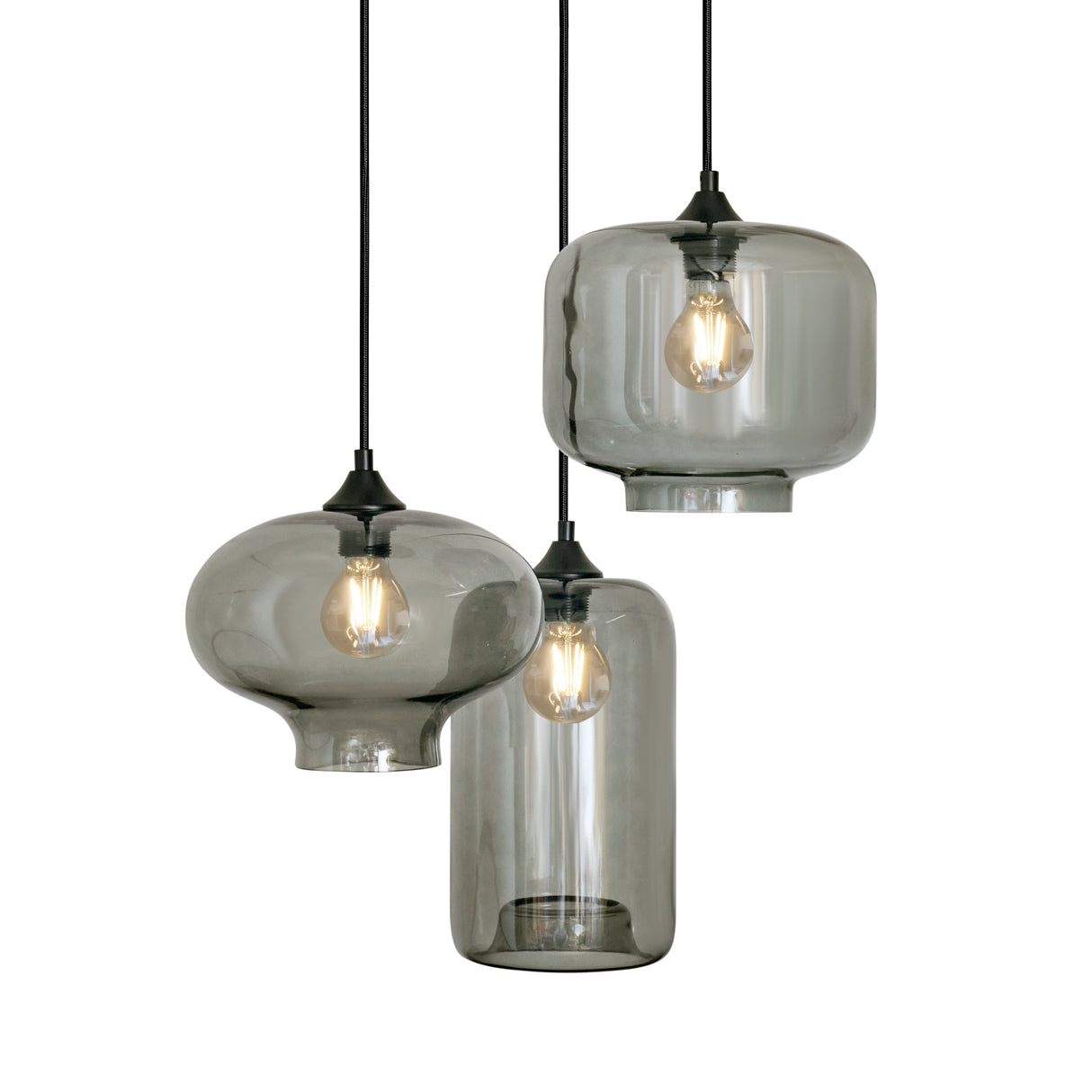 Hanglamp 3-Lichts Mix Rookglas Industrieel Woonkamer Eetkamer Smoke Zwart