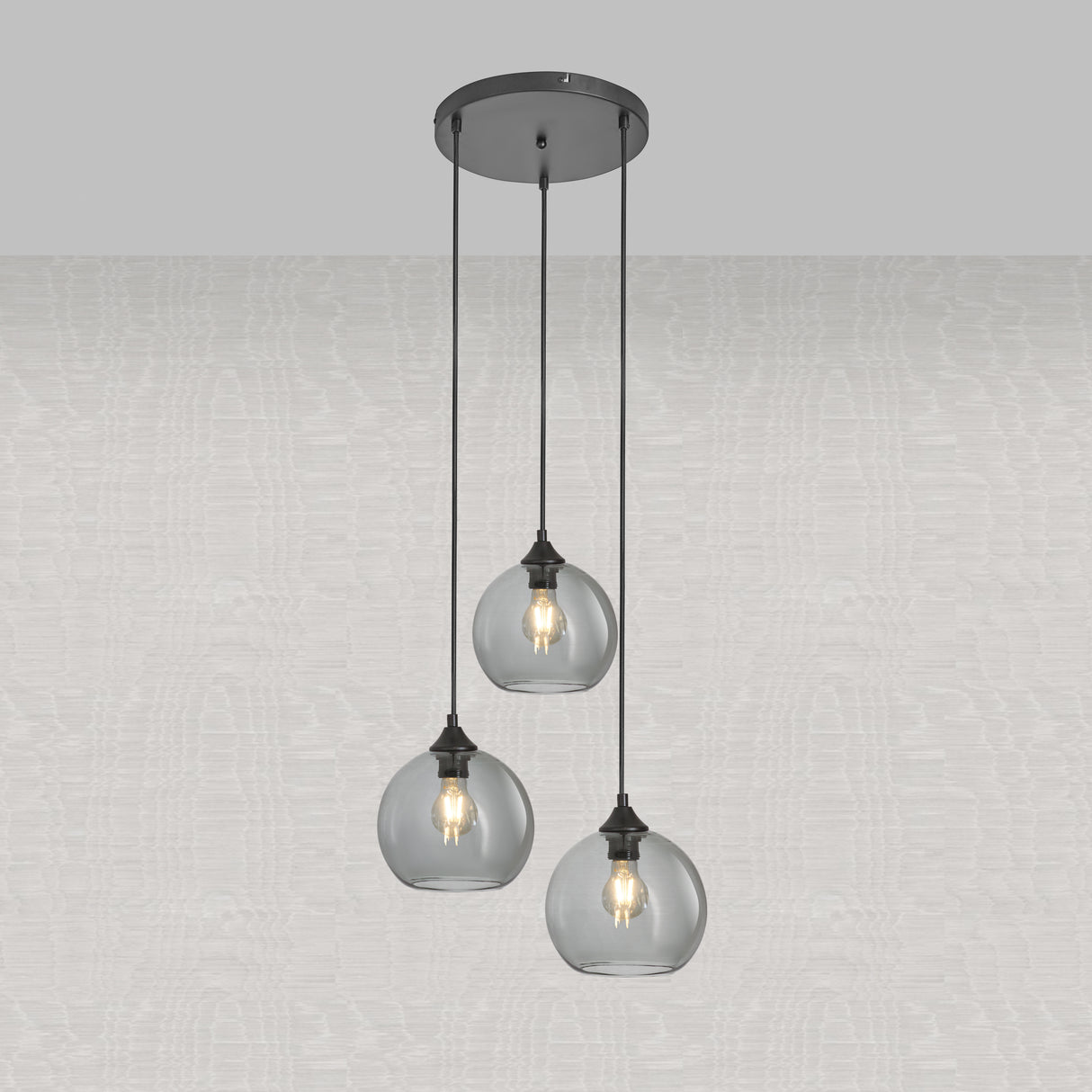 Hanglamp 3-Lichts Bol Rookglas Industrieel Woonkamer Eetkamer Smoke Zwart Grey