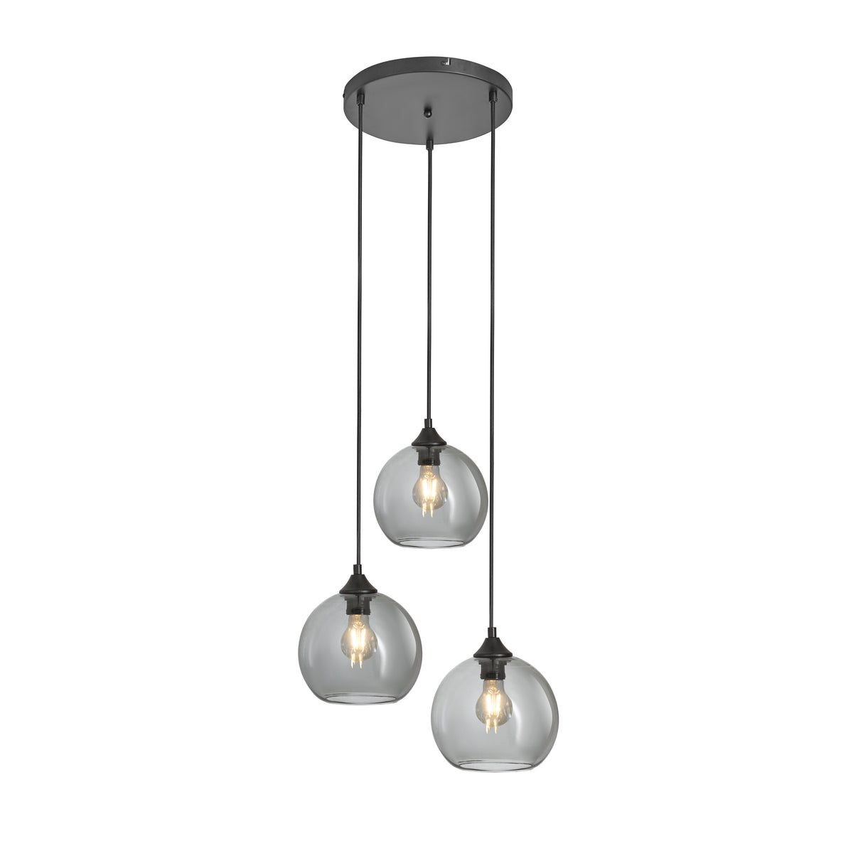 Hanglamp 3-Lichts Bol Rookglas Industrieel Woonkamer Eetkamer Smoke Zwart Grey