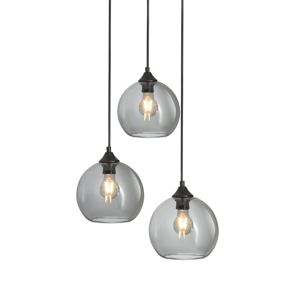 Hanglamp 3-Lichts Bol Rookglas Industrieel Woonkamer Eetkamer Smoke Zwart Grey