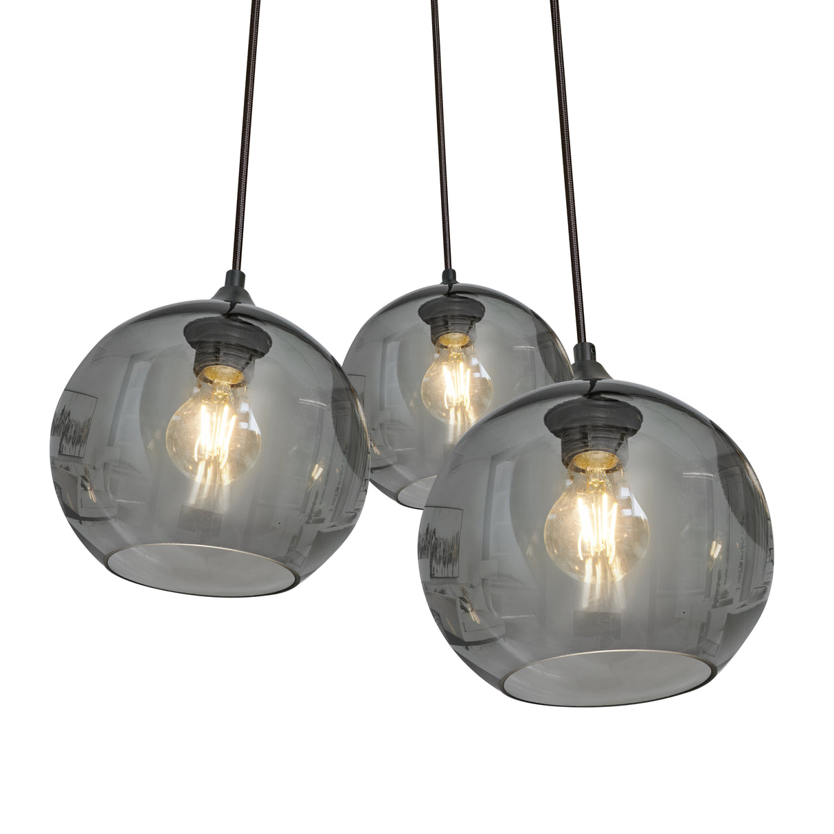 Hanglamp 3-Lichts Bol Rookglas Industrieel Woonkamer Eetkamer Smoke Zwart Grey