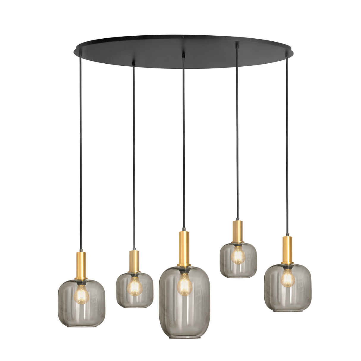 Hanglamp ovaal – zwart met gouden accenten en smoke glas, 5-lamps