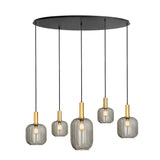 Hanglamp ovaal – zwart met gouden accenten en smoke glas, 5-lamps