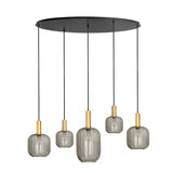 Hanglamp ovaal – zwart met gouden accenten en smoke glas, 5-lamps