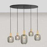 Hanglamp ovaal – zwart met gouden accenten en smoke glas, 5-lamps