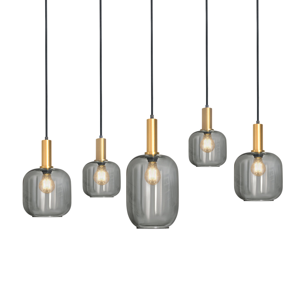 Hanglamp ovaal – zwart met gouden accenten en smoke glas, 5-lamps