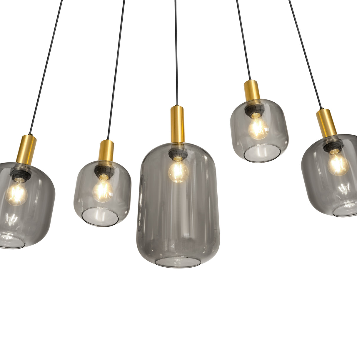 Hanglamp ovaal – zwart met gouden accenten en smoke glas, 5-lamps